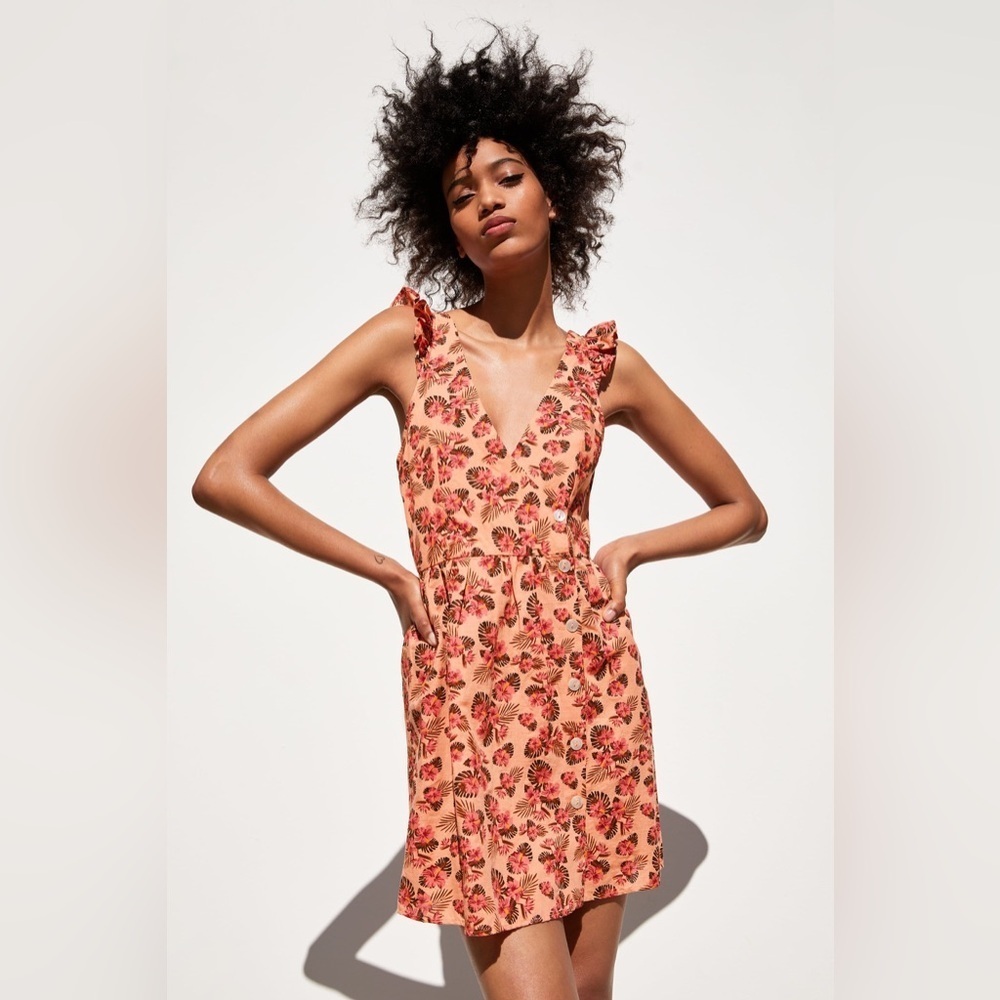 Zara Linen Blend Tropical Floral Faux Wrap Mini Vacation Dress